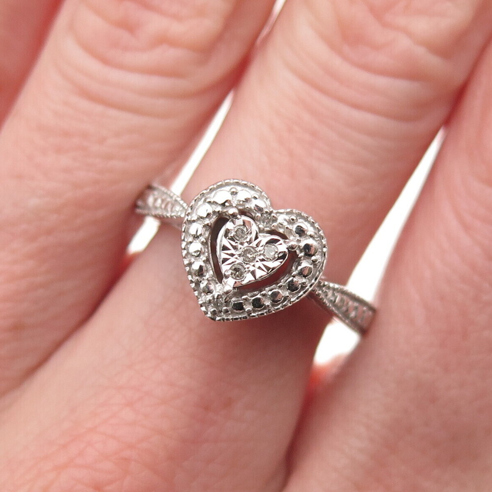 925 Sterling Silver Real Round-Cut Diamond Heart Ring Size 7